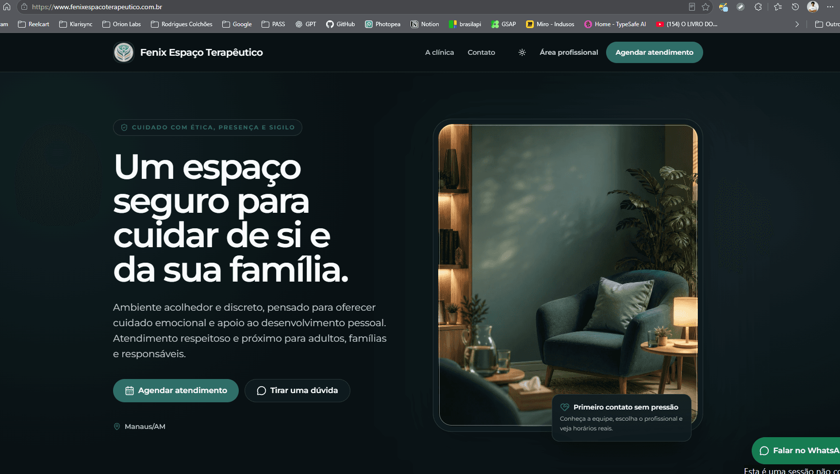 Página inicial da Fenix Espaço Terapêutico com sua marca, apresentação e botão de agendamento